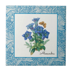 Vintage Hand drawn Blue Columbine Flower Ceramic Tile