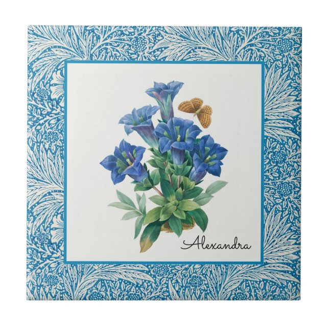 Vintage Hand drawn Blue Columbine Flower Ceramic Tile (Front)