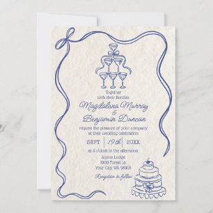Vintage Hand Drawn Blue Retro Ribbon Bow Wedding Invitation