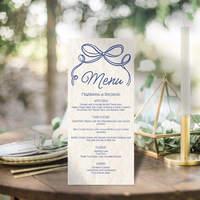 Vintage Hand Drawn Blue Retro Ribbon Bow Wedding Menu (Creator Uploaded)