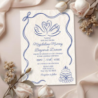 Vintage Hand Drawn Blue Retro Ribbon Swans Wedding
