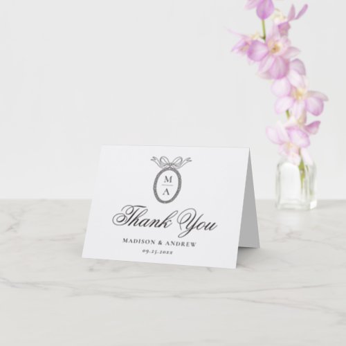 Vintage Hand-Drawn Bow Frame Monogram Wedding Letterpress Thank You Card