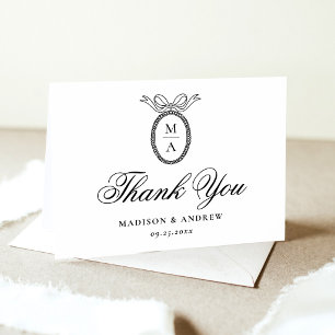 Vintage Hand-Drawn Bow Frame Monogram Wedding Letterpress Thank You Card