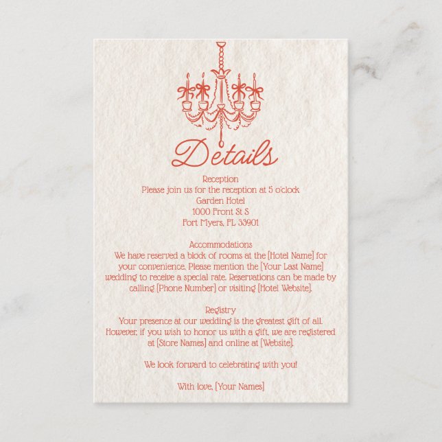 Vintage Hand Drawn Chandelier Wedding Details Enclosure Card (Front)