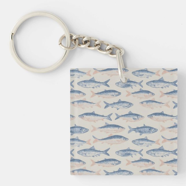 Vintage Hand-Drawn Fish Seamless Pattern Keychain (Front)
