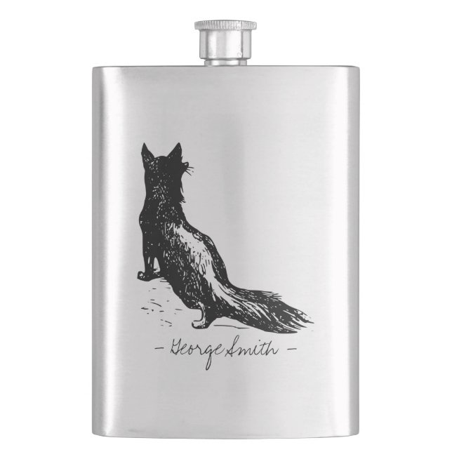 Vintage Hand Drawn Fox. Add your Name. Flask (Front)