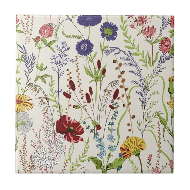 Vintage Hand-Drawn Meadow Wildflower Ceramic Tile (Front)