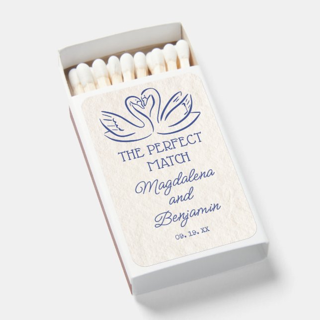 Vintage Hand Drawn Navy Blue Swans Retro Wedding Matchboxes (Front Open)