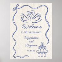 Vintage Hand Drawn Navy Blue Swans Wedding Welcome