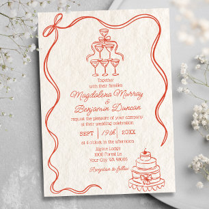 Vintage Hand Drawn Orange Retro Ribbon Bow Wedding Invitation