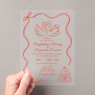 Vintage Hand Drawn Orange Retro Swans Wedding Acrylic Invitations