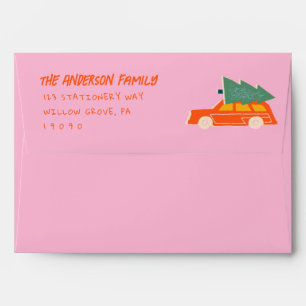 Vintage Hand Drawn Pink Red Car Truck Christmas Envelope