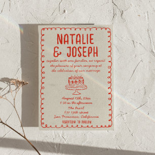 Vintage Hand Drawn Red Cake Funky Quirky Wedding Invitation