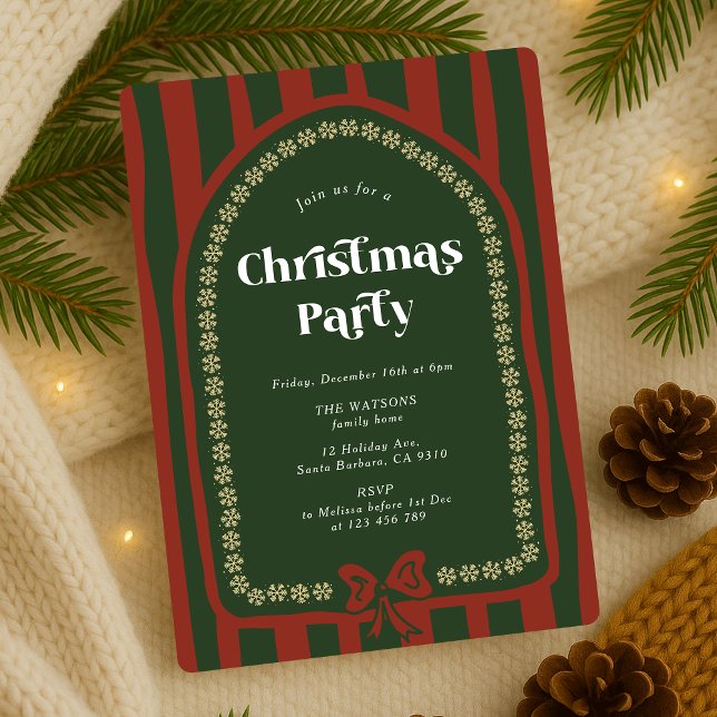 Vintage Hand Drawn Red & Green Christmas Party Invitation (Vintage Christmas Invitations for your party, featuring retro fonts and red & green stripe pattern)