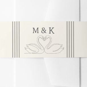 Vintage Hand Drawn Romantic Swans Monogram Wedding Invitation Belly Band