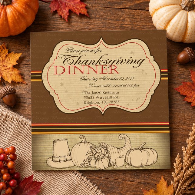 Vintage Hand drawn Rustic Thanksgiving Dinner  Invitation (Vintage Hand drawn Rustic Thanksgiving Dinner Invitation)