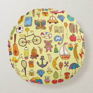 vintage hand drawn seamless pattern with doodle ki round pillow