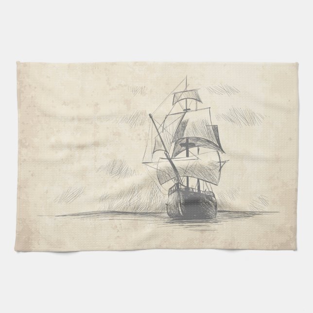 Vintage Hand-drawn Sketch of Ship Kitchen Towel (Horizontal)