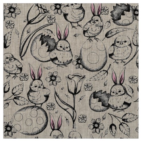 Vintage Hand_Drawn Spring  Easter Linen Print Fabric