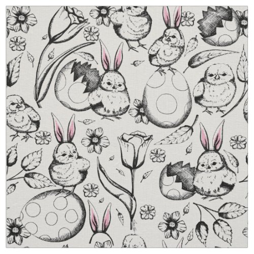 Vintage Hand_Drawn Spring  Easter Linen Print Fabric