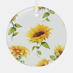Vintage Hand-Drawn Sunflower Watercolor Glass Ornament