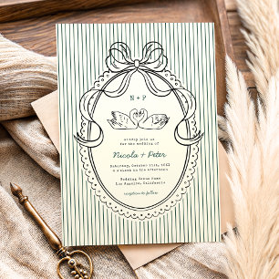 Vintage Hand Drawn Swan Green Stripes Wedding Invitation