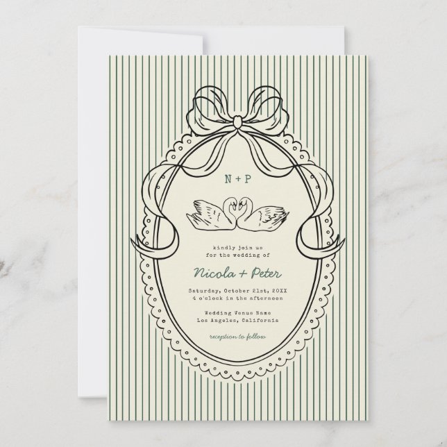 Vintage Hand Drawn Swan Green Stripes Wedding Invitation (Front)
