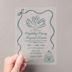Vintage Hand Drawn Teal Green Retro Swans Wedding Acrylic Invitations