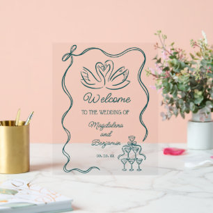 Vintage Hand Drawn Teal Retro Wedding Welcome Acrylic Sign