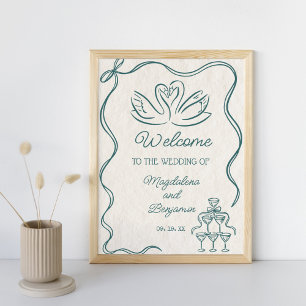 Vintage Hand Drawn Teal Retro Wedding Welcome Poster
