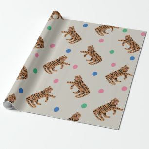 vintage hand-drawn tiger and colorful polka dots i wrapping paper