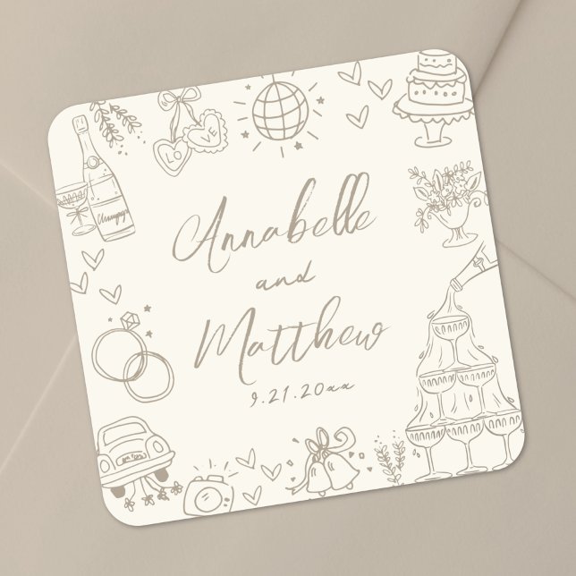 Vintage Hand Drawn Whimsical Wedding Square Sticker (Vintage Hand Drawn Whimsical Wedding Square Sticker)