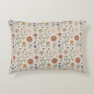 Vintage Hand-Drawn Wildflowers Patchwork Seamless Accent Pillow