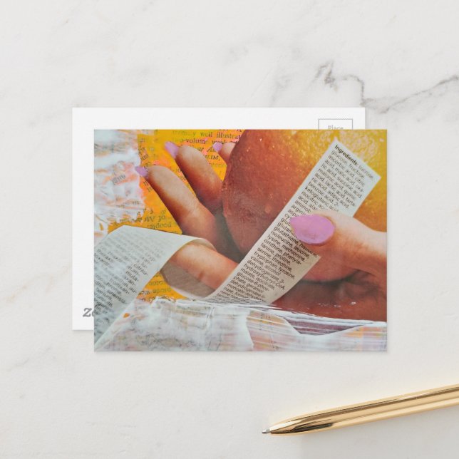Vintage Hand Holds Orange and Ingredients List Postcard (Front/Back In Situ)