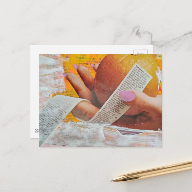 Vintage Hand Holds Orange Long Ingredients List Postcard (Front/Back In Situ)