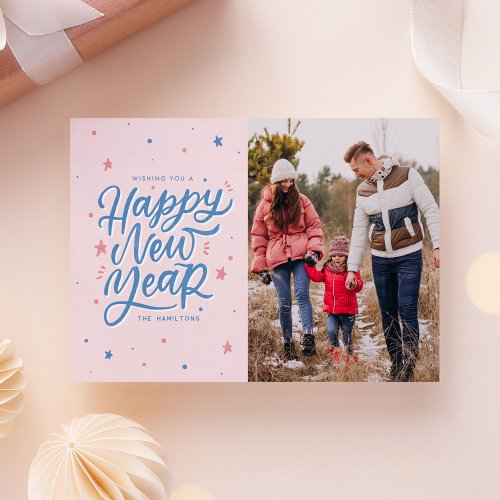 Vintage Hand Lettered Script Happy New Year Photo Holiday Card