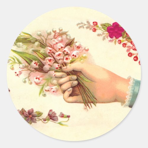 Vintage Hand of Love Offering Lilies of the Valley Classic Round Sticker