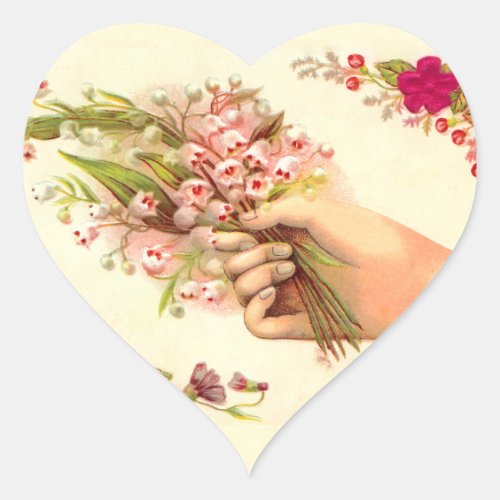 Vintage Hand of Love Offering Lilies of the Valley Heart Sticker
