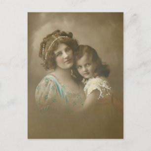 Vintage Hand-Tinted Mother/Daughter Portrait Holid Holiday Postcard