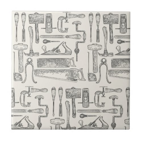 Vintage Hand tools Illustration Pattern Ceramic Tile