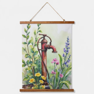 Vintage Hand Water Pump Watercolor Garden Hanging Tapestry