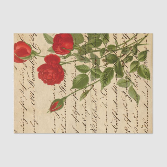 Vintage Hand Writing Roses Ephemera Decoupage Tissue Paper (Front)