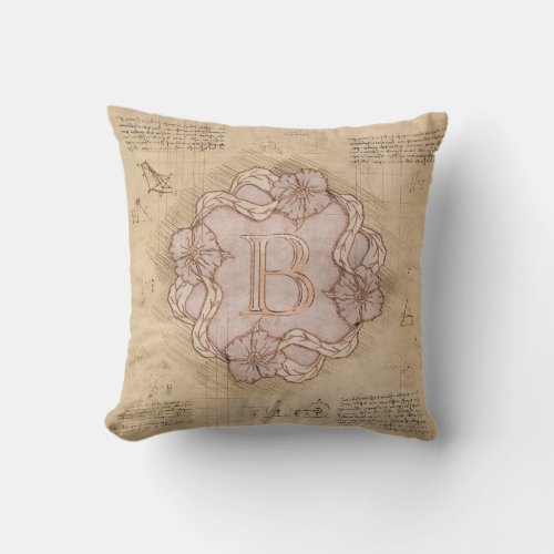 Vintage Handcrafted Letter B Word Art Pink Gold  Throw Pillow