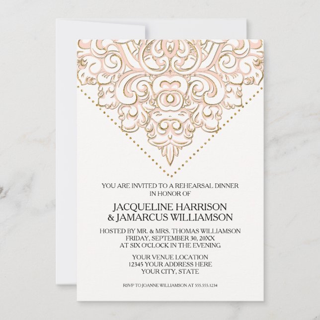 Vintage Handkerchief Lace Modern Rehearsal Dinner Invitation (Front)