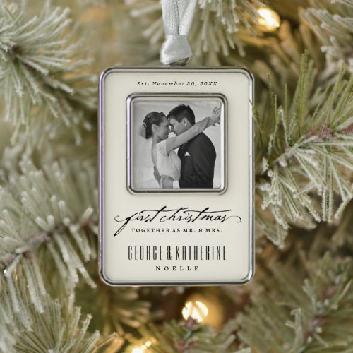 Vintage Handwriting First Christmas Photo Wedding Ornament