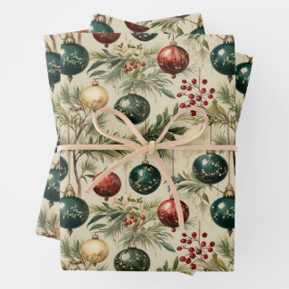 Vintage Hanging Ornaments, Berries, Pine Branches Wrapping Paper Sheets