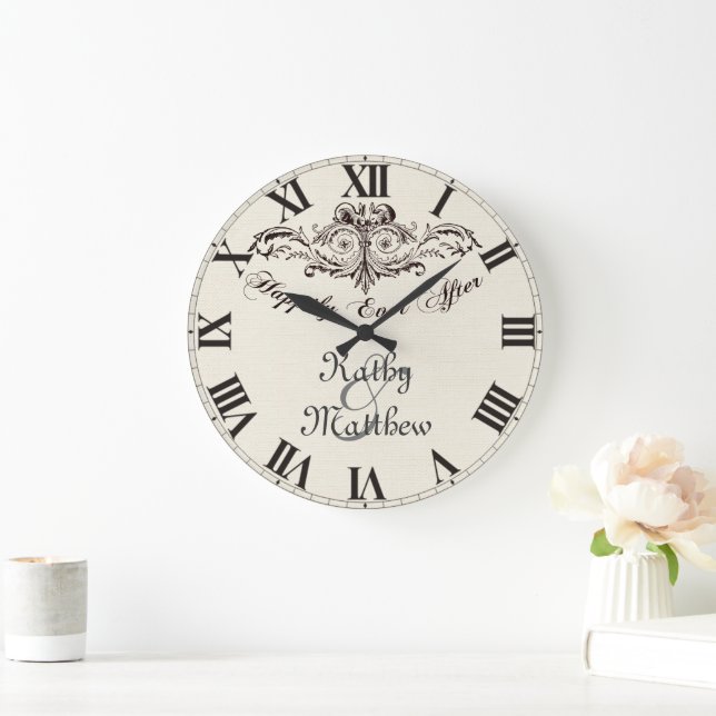 Vintage Happily Ever After Personalized Wedding Large Clock (Home)