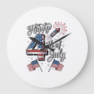 Vintage Happy 4th of July Patriotic Firework Shirt Large Clock