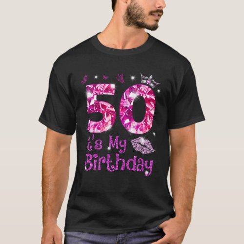 Vintage Happy 50 Its My Birthday Crown Lips 50Th T_Shirt