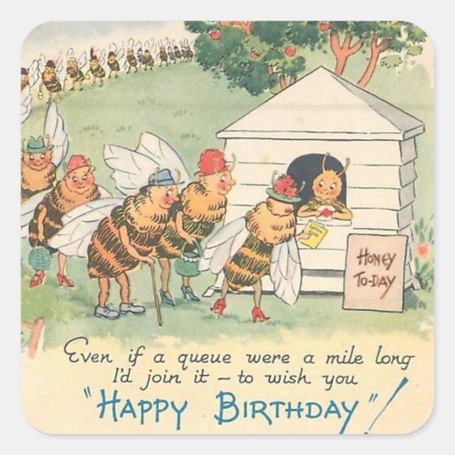 Vintage Happy Bee Birthday Square Sticker (Front)